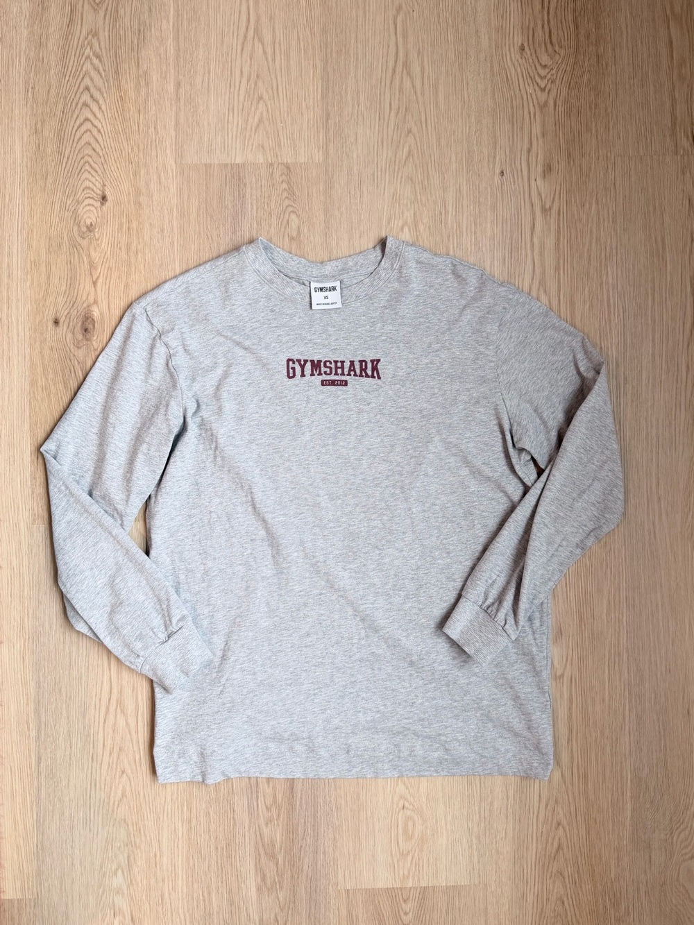 Gymshark Oversized Light Gray Long Sleeve Tee with Maroon Logo
